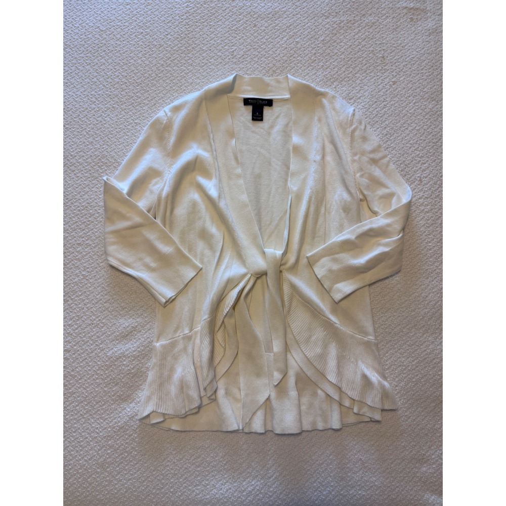 White House Black Market White Tie Front Ruffle Hem Cardigan Sweater Small